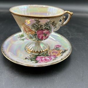 Mismatched Floral Teacup and Saucer with Gold Accent, month teacups